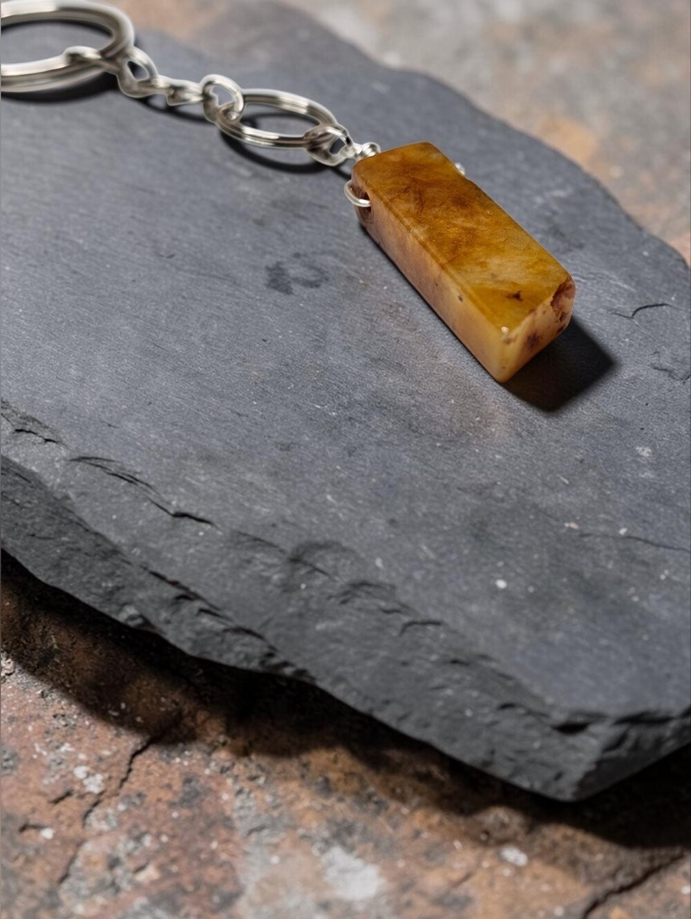 Natural Amber Brown Stone Keychain - Handmade